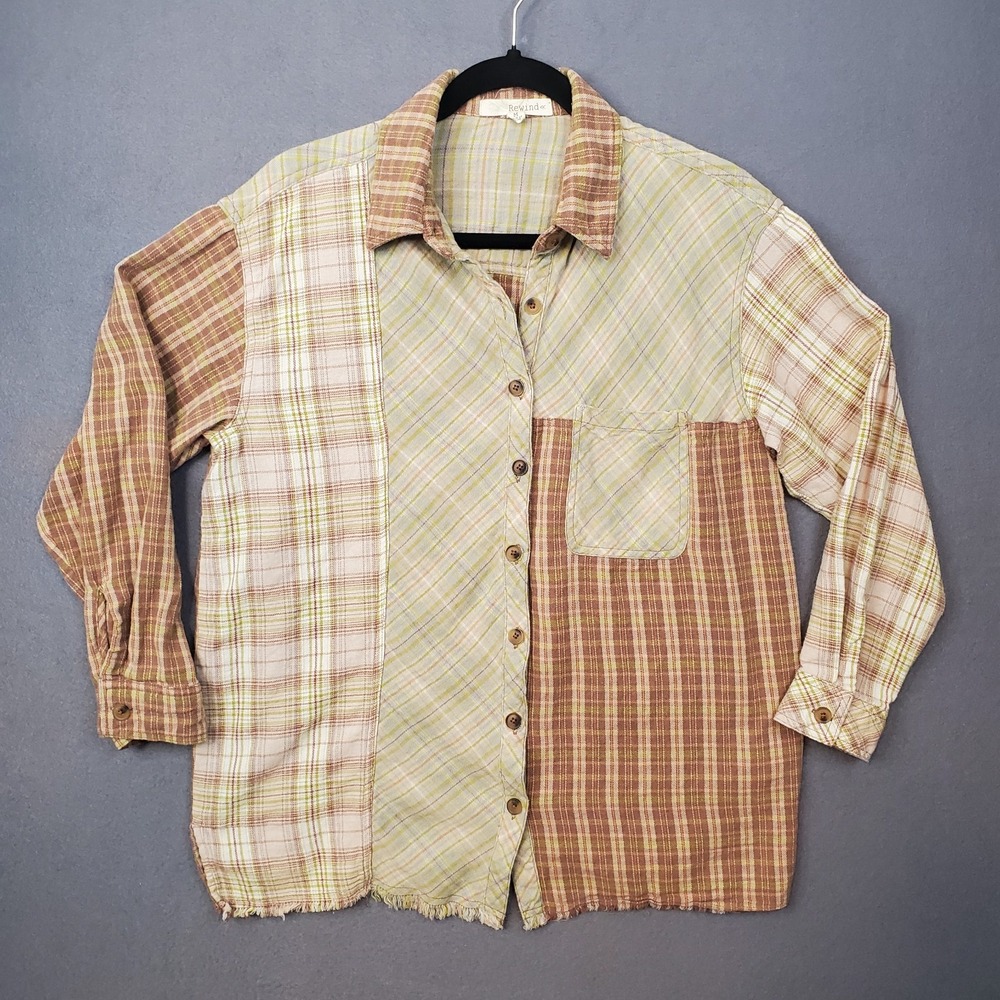 Rewind Y2K Brown Colorblock Flannel Shirt Distressed‎ Hem Women's M Grunge Comfy